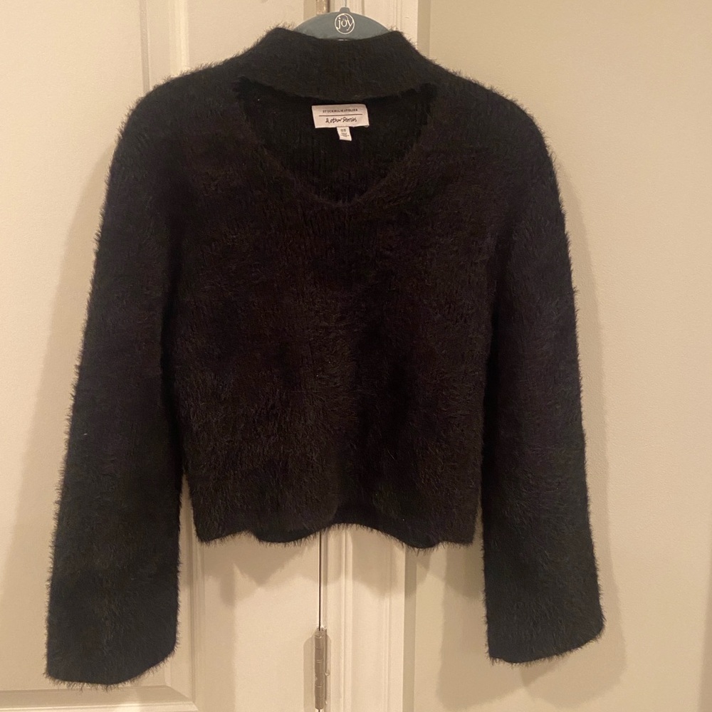 Black mohair sweater with neck detail